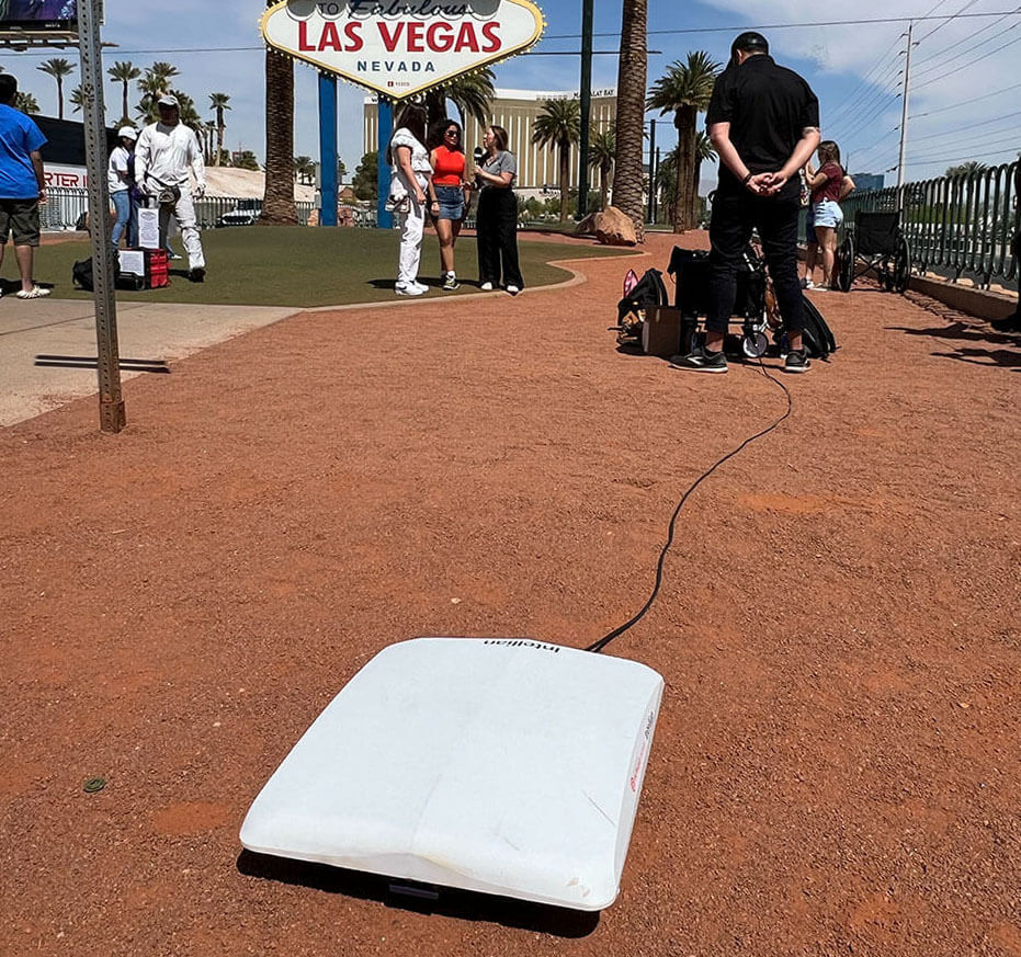 broadcasting from Las Vegas with equipment in the forefront
