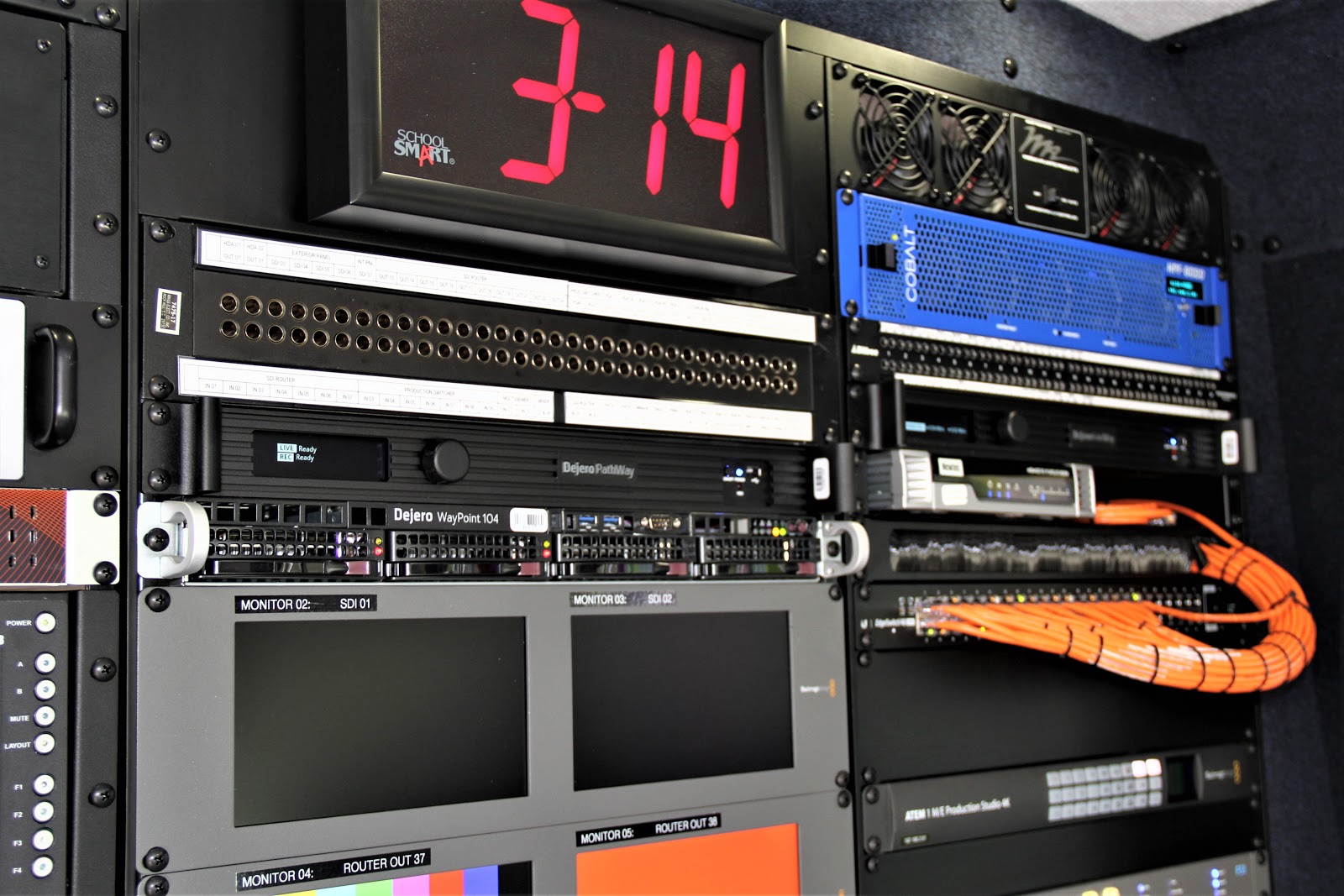 Dejero GateWay M6E6 network aggregation device, PathWay E encoder, WayPoint 104 receiver and the Dejero CellSat connectivity service inside KNSD-TV/KUAN-LD’s truck