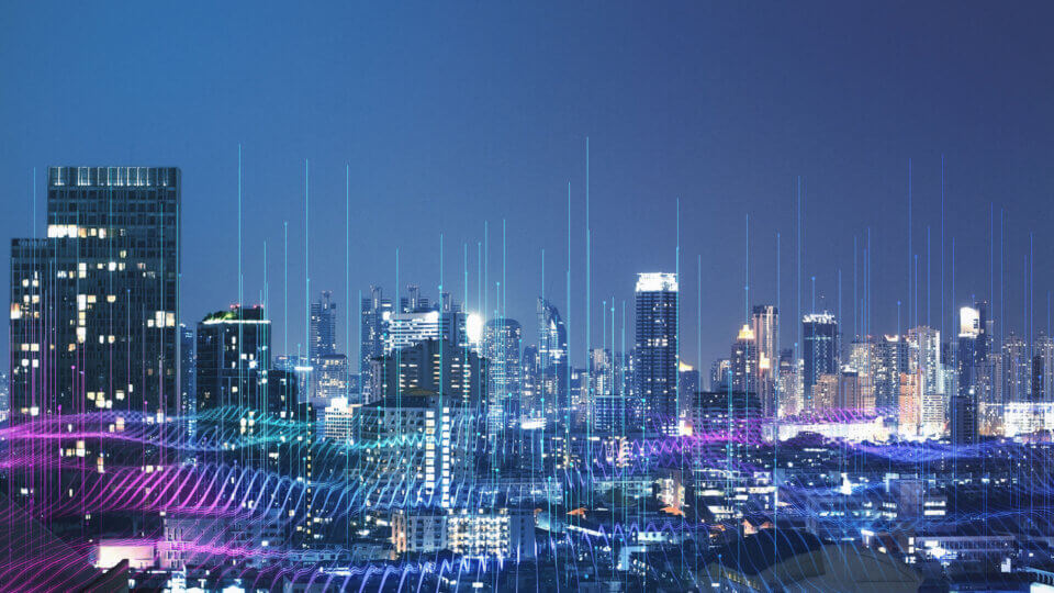 Cityscape with connectivity lines and waves overlayed